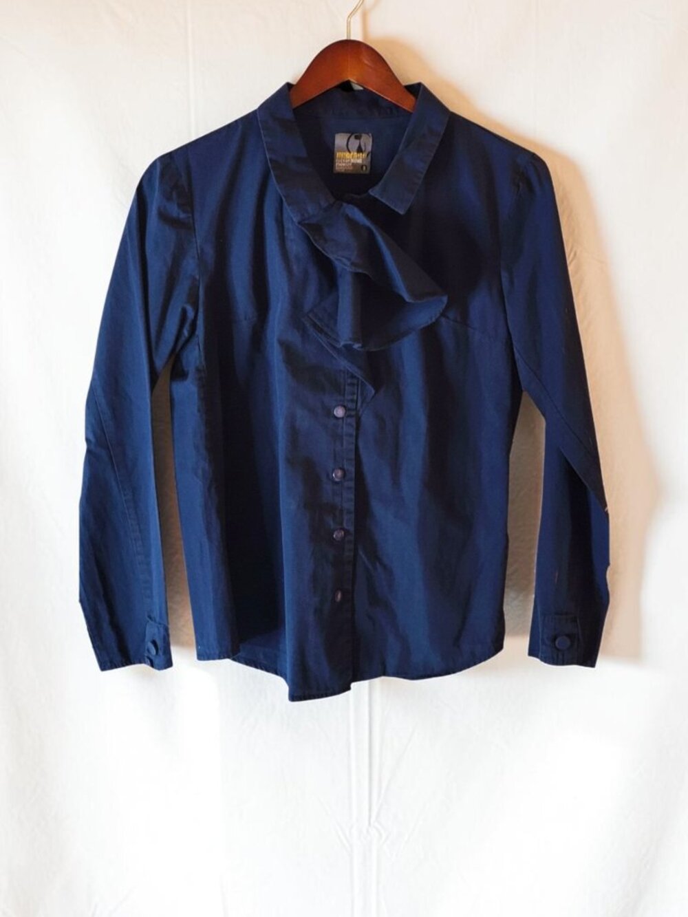 Herbench Navy Tie Neck Cotton Button Blouse Small